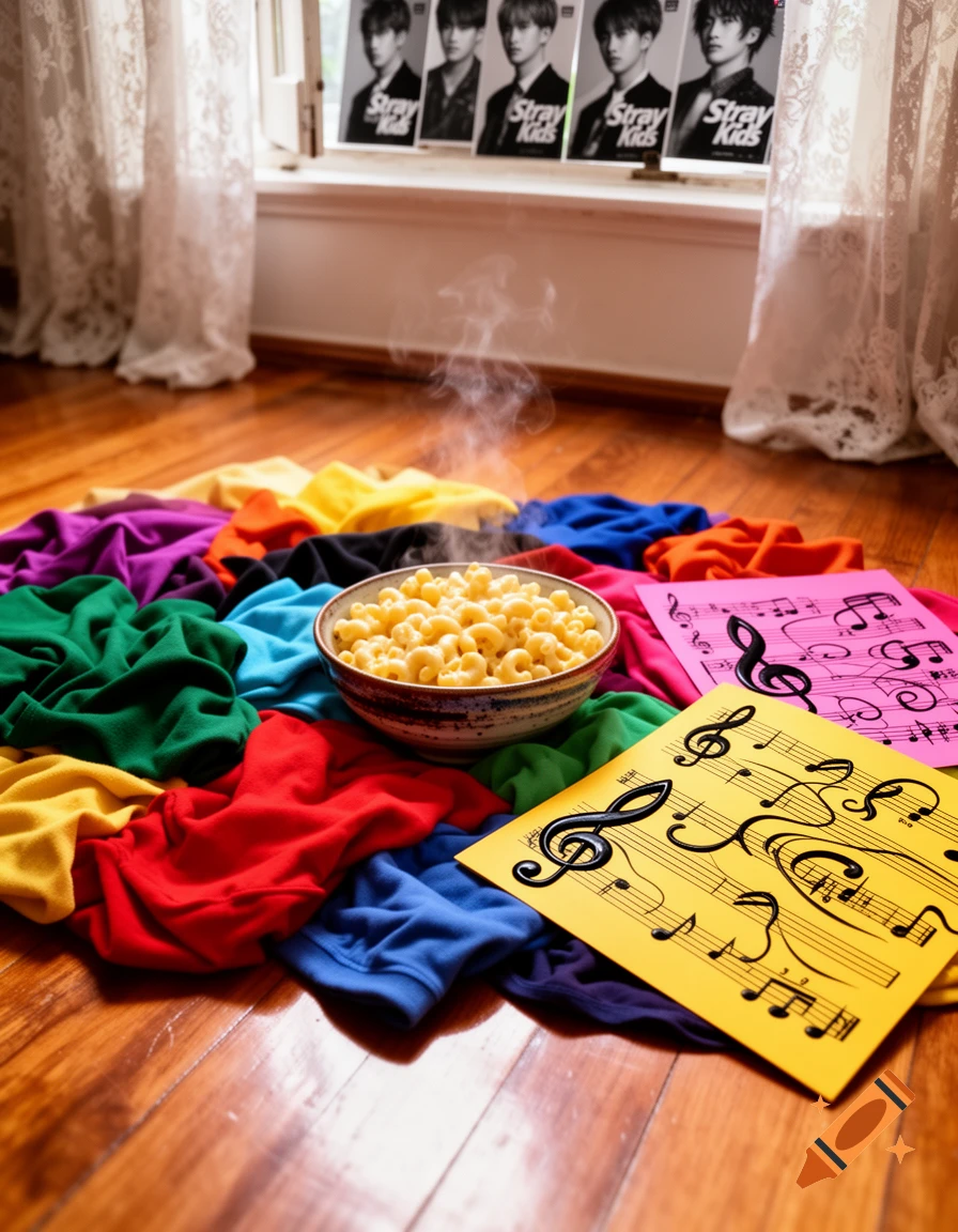 A bowl of steaming mac and cheese sits on a pile of colorful clothes and music sheets, with Stray Kids posters in the background.