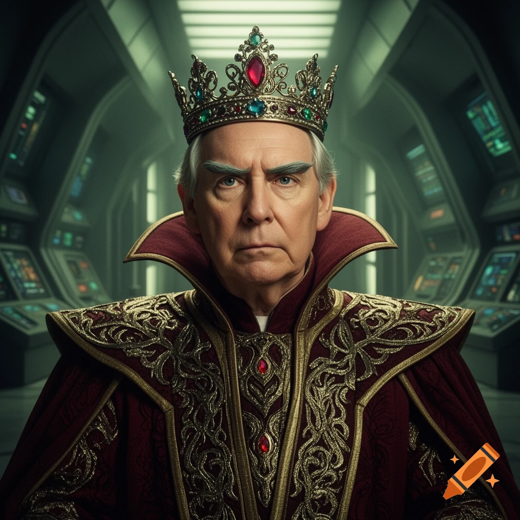 An older man resembling Mitch McConnell, wearing an ornate jeweled crown and a red and gold king's robe, stands in a futuristic control room.
