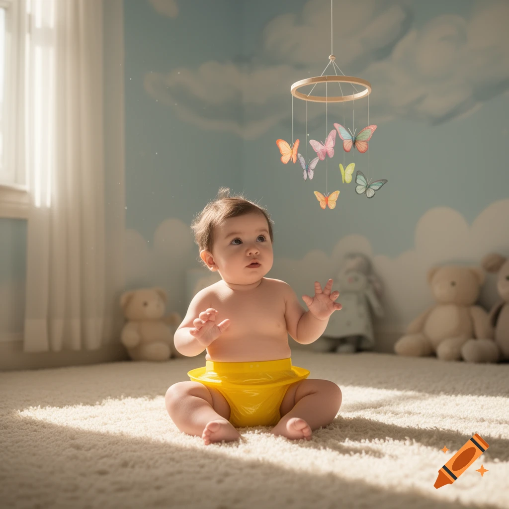 A baby in a yellow diaper sits on a soft rug, looking up at a colorful butterfly mobile in a sunlit nursery.