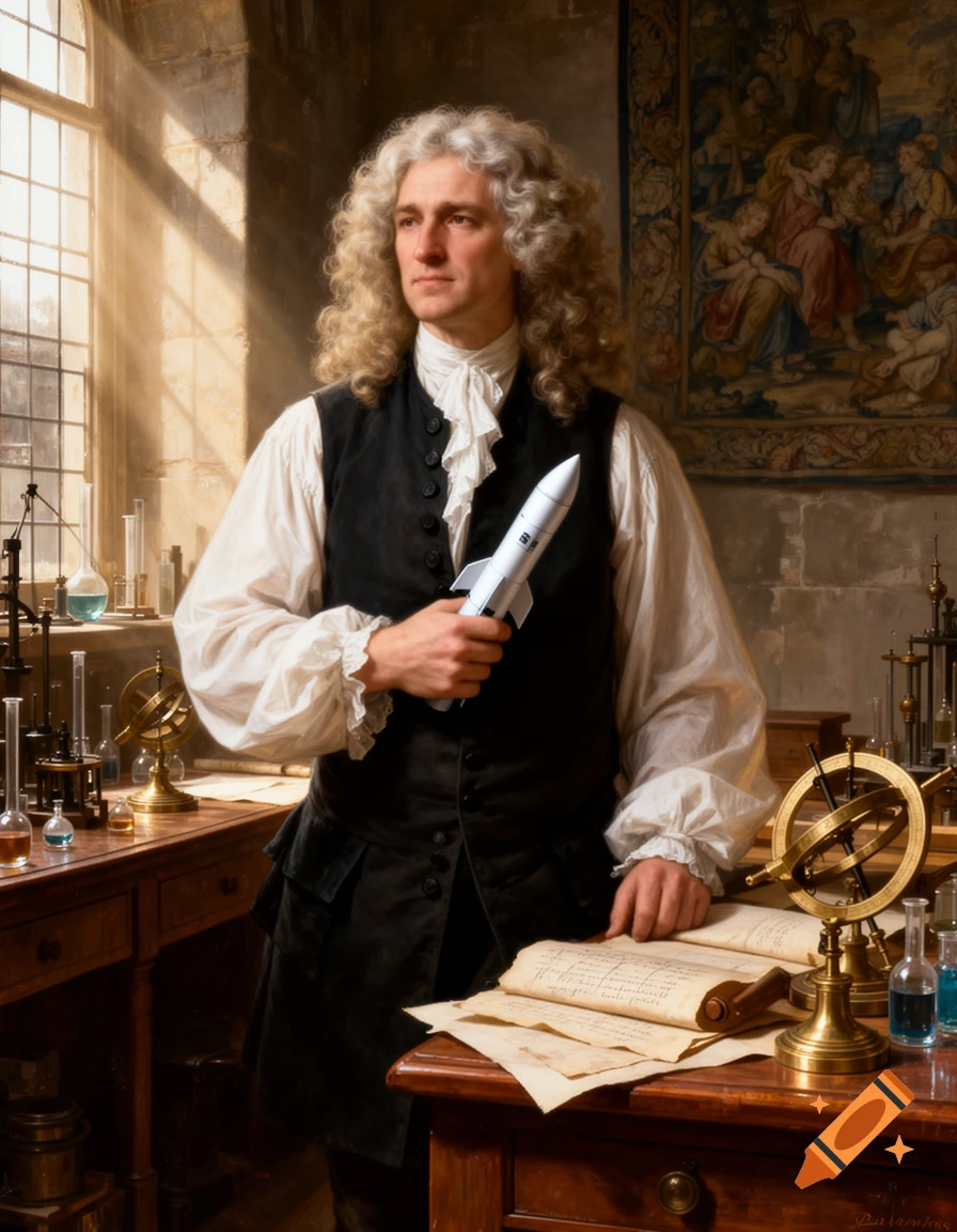 Photorealistic portrait of Isaac Newton in a laboratory, holding a small white rocket.