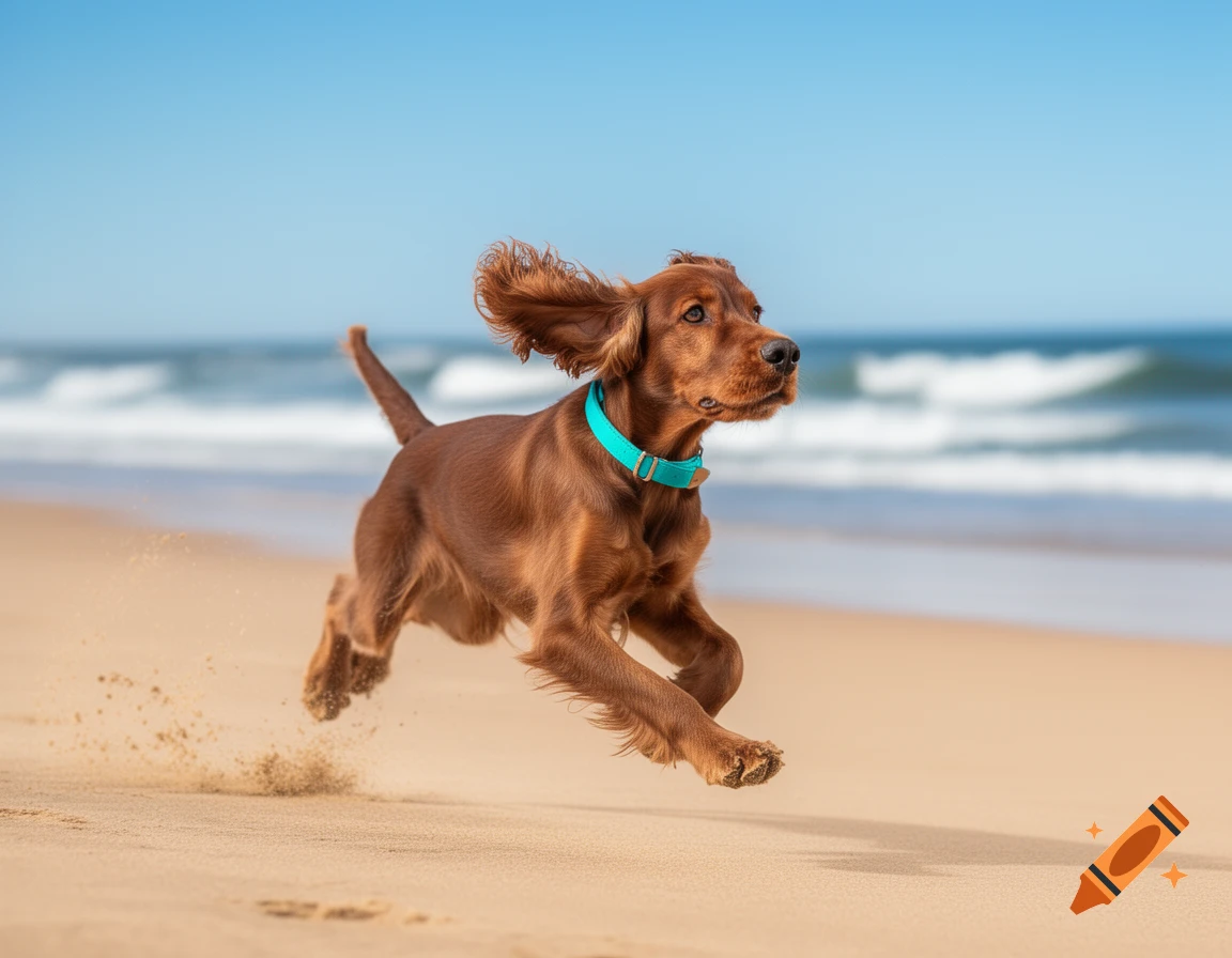 A brown cocker spaniel with a turquoise collar runs on a sandy beach, kicking up sand, with the ocean in the background.