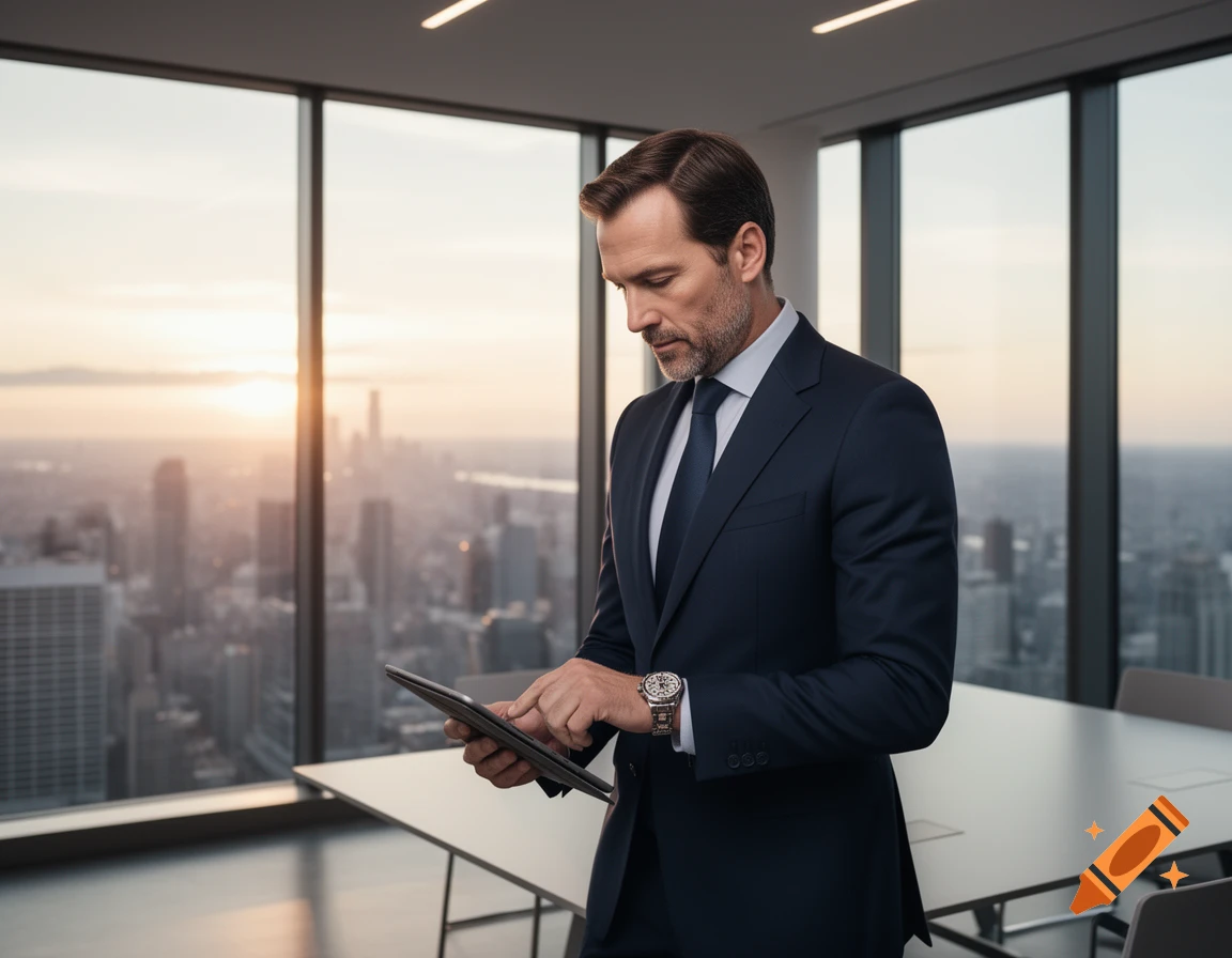 A photorealistic image of a businessman in a suit using a tablet in a modern office with a city view at sunset.