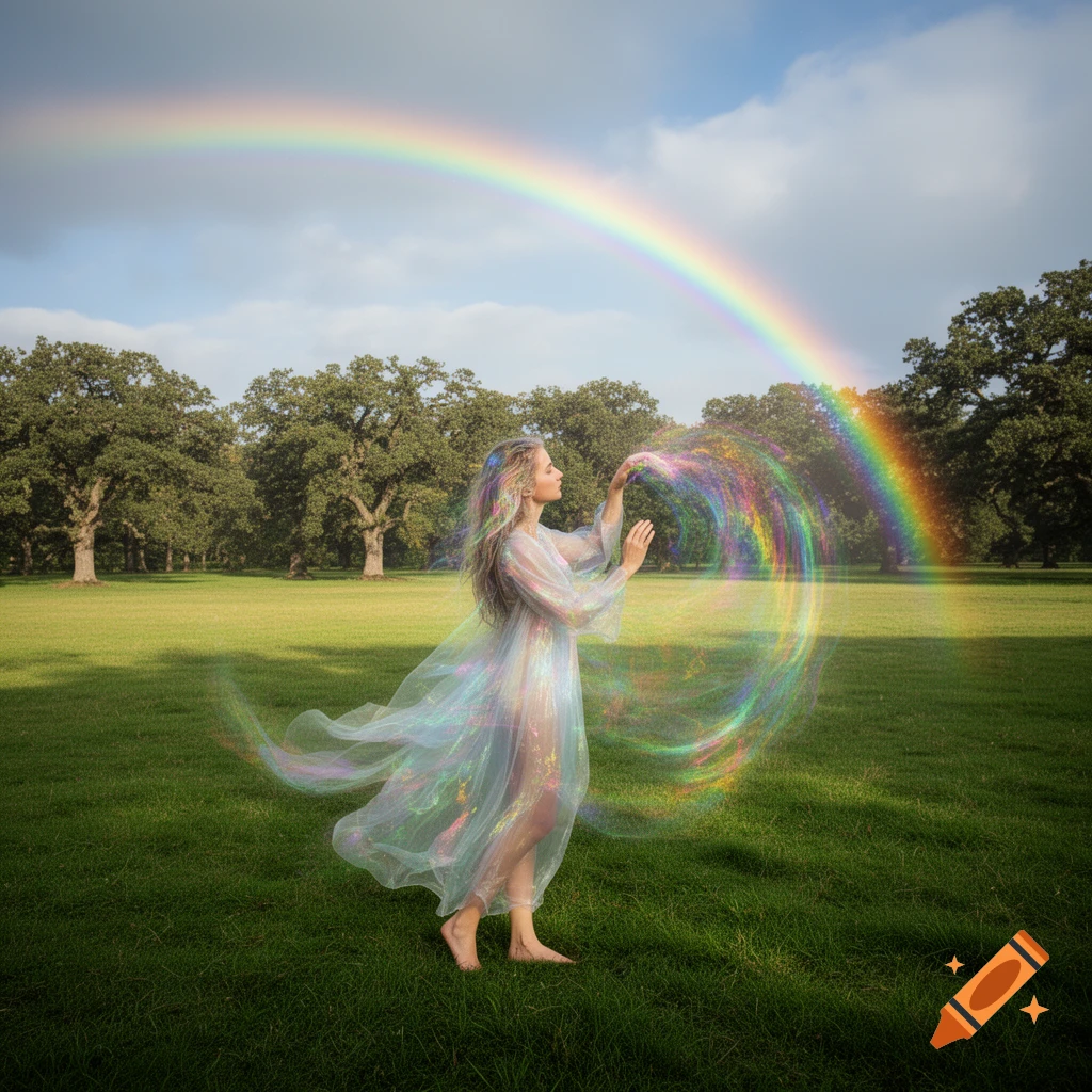 A woman in a flowing, iridescent dress stands in a sunny green field, conjuring a colorful, swirling rainbow.