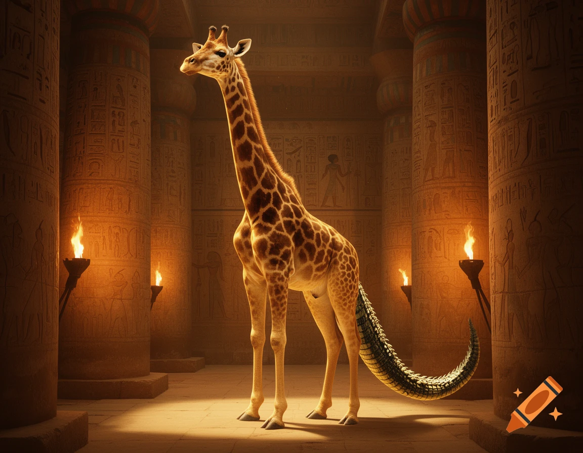 A photorealistic image of a giraffe-crocodile hybrid creature standing in an ancient Egyptian temple lit by torches.