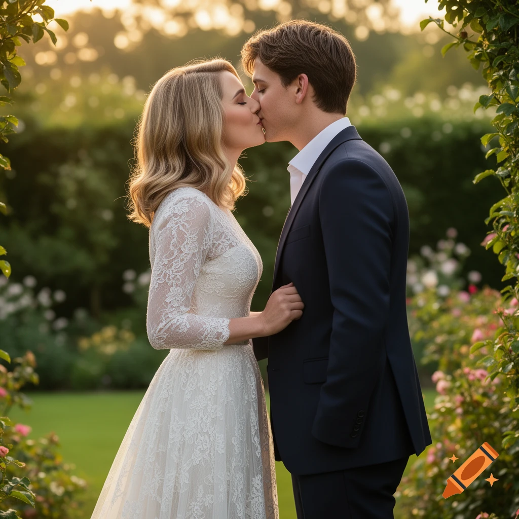 A couple in formal attire, a woman in a white lace wedding dress and a man in a navy suit, share a kiss in a sunlit garden.