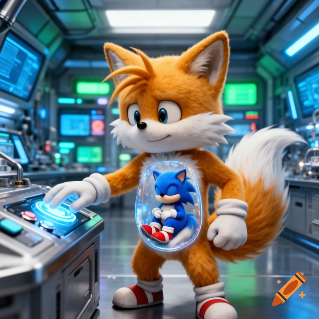 Tails presses a glowing blue button on a control panel in a futuristic lab, with a tiny Sonic inside his translucent stomach.