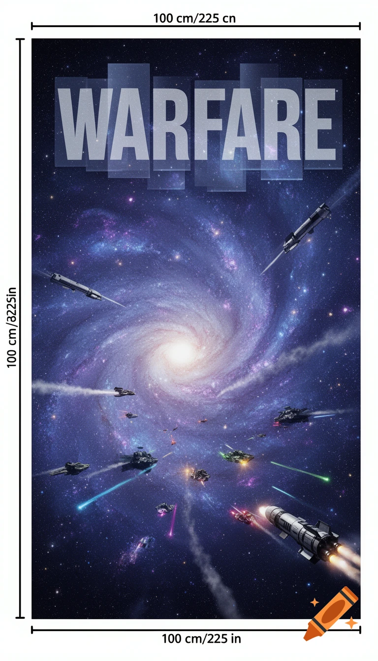 Digital art of a vibrant spiral galaxy with spaceships battling, lasers, and rocket trails. The word WARFARE is across the top.