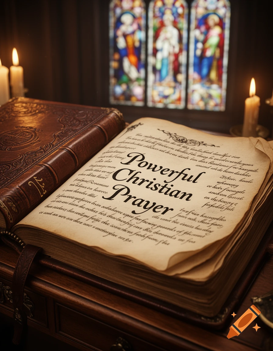 An open, aged book displaying 'Powerful Christian Prayer' text on a wooden table, flanked by lit candles, with stained glass windows blurred in the background.