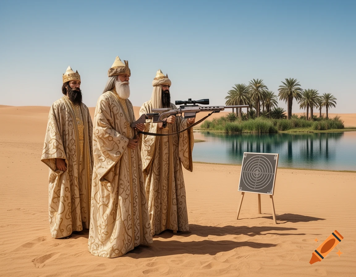 Three stylized kings in ornate robes and crowns stand in a desert oasis, one aiming a sniper rifle at a target.