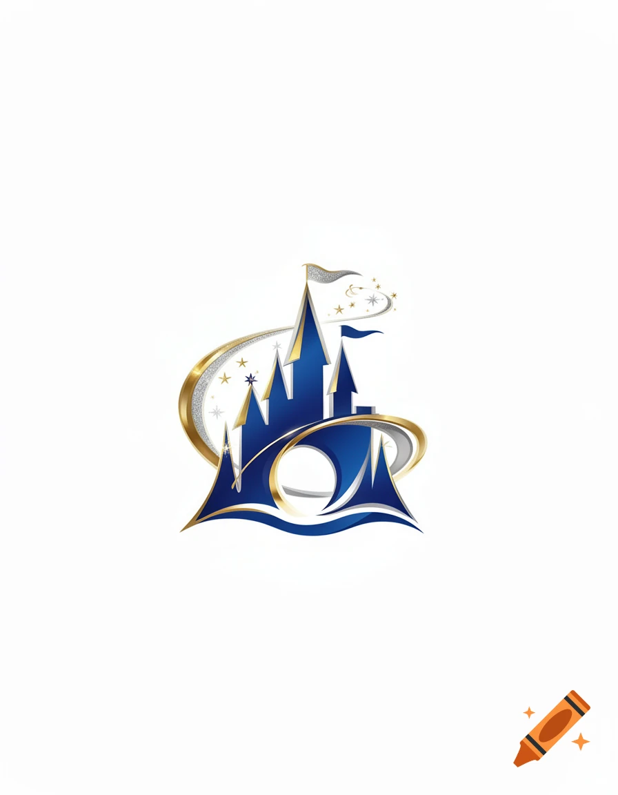 A blue and gold stylized castle logo with swirling lines and stars on a white background.