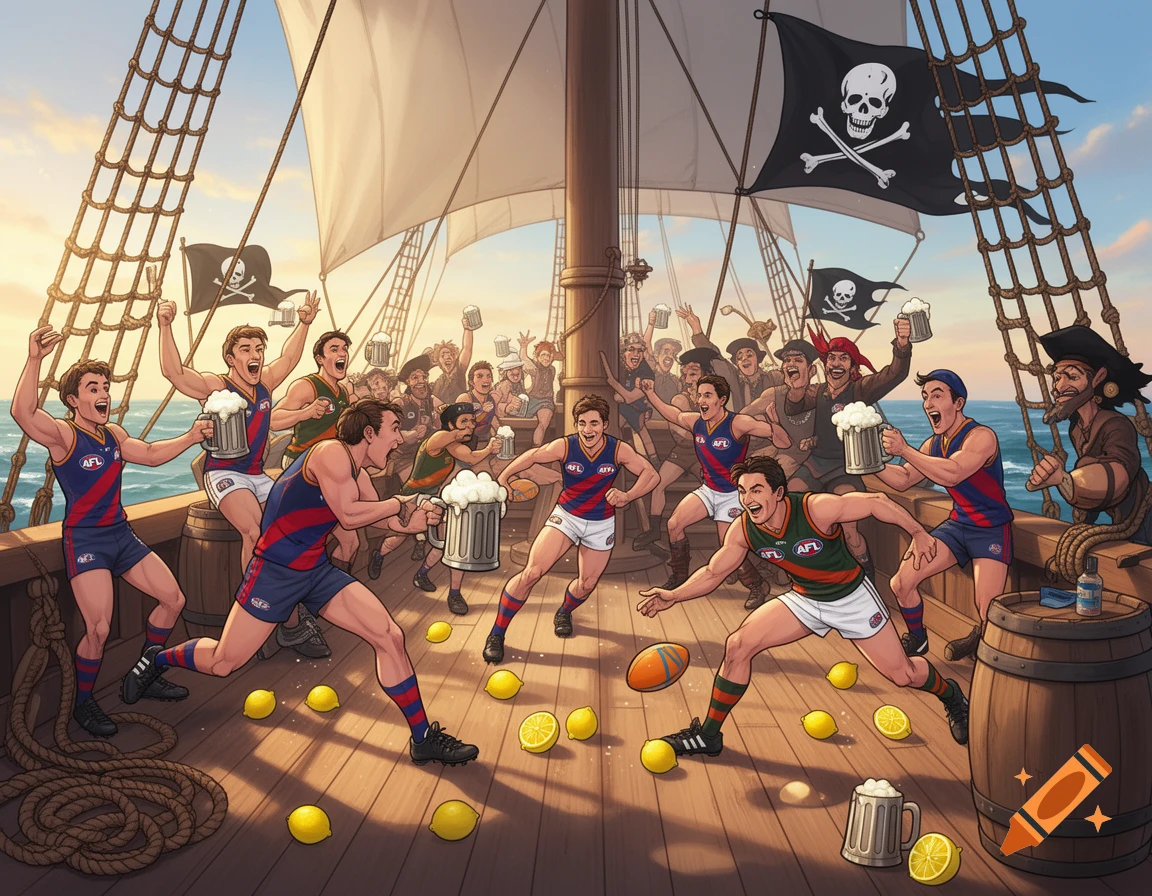 Cartoon illustration of muscular AFL players and pirates celebrating with beer and lemons while playing Australian Rules Football on a pirate ship.