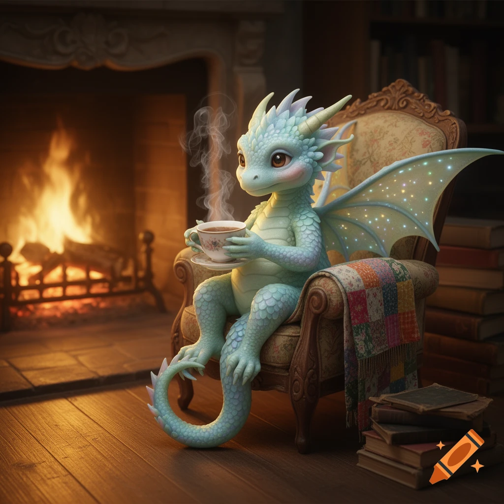 A cute, light blue dragon sits in an armchair, drinking steaming tea by a crackling fireplace with books nearby.