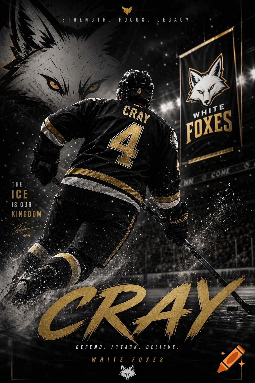 A black and gold hockey poster featuring a player skating on ice, with a large white fox head in the background and various motivational texts.
