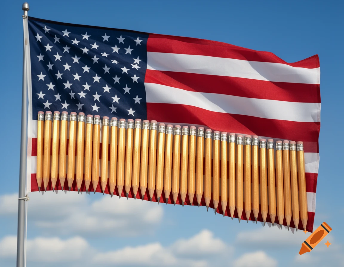 An American flag where the white stripes are replaced by rows of sharpened yellow pencils, against a blue sky.