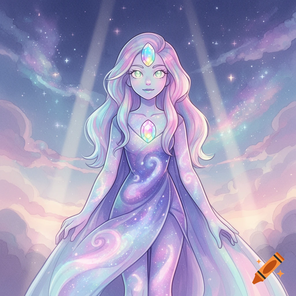 Anime-style character with pastel rainbow hair and skin, adorned with large gems, standing against a starry, cloudy sky with light rays.