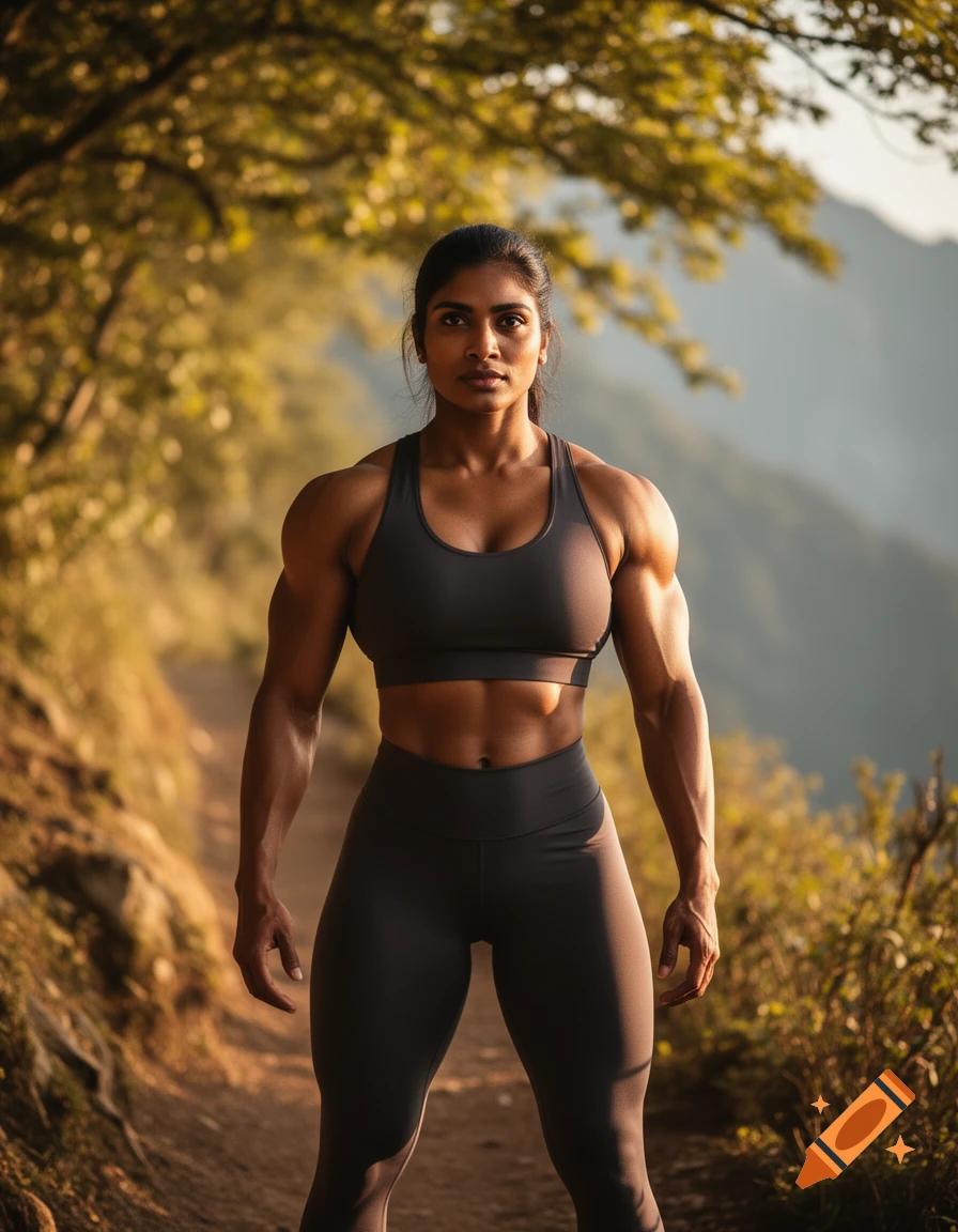 Photorealistic portrait of a powerfully built South Asian woman in athletic gear, standing confidently on a sunlit mountain trail.