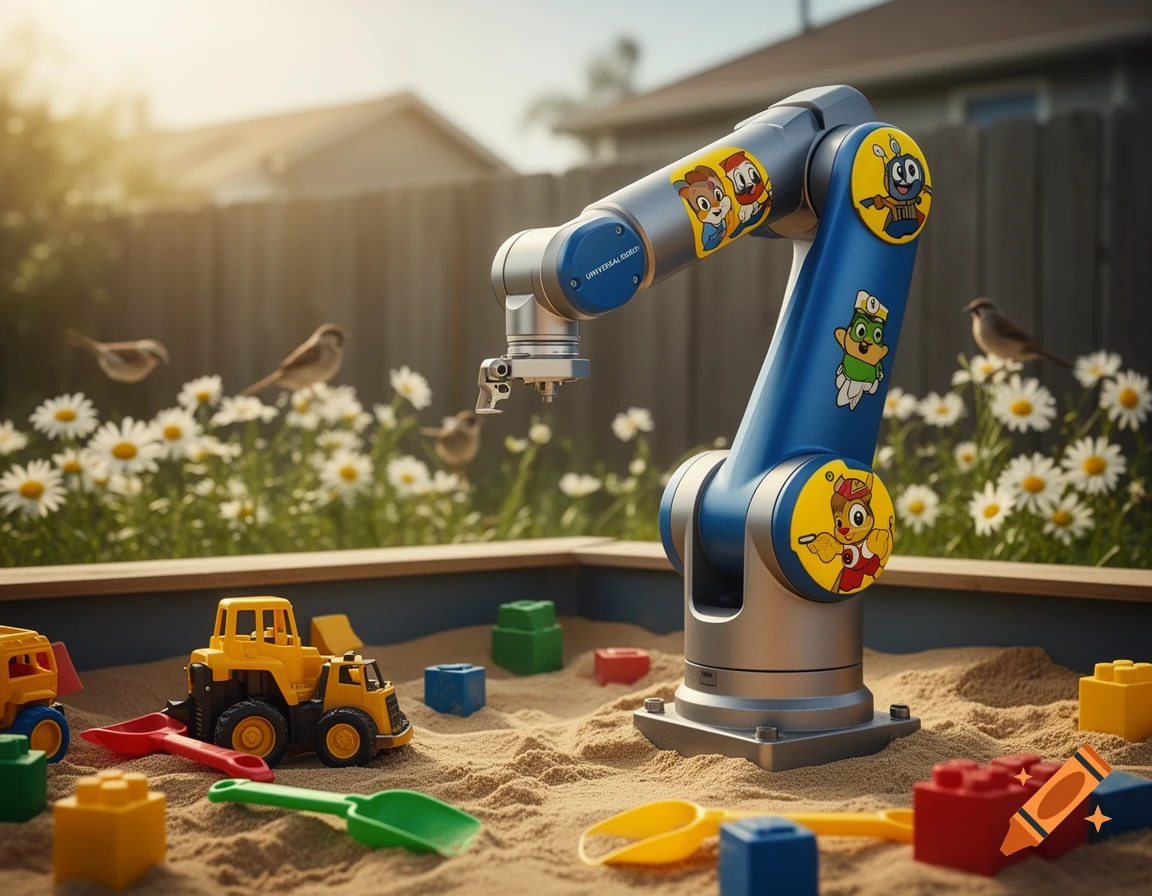 A blue and silver industrial robot arm, adorned with cartoon stickers, sits in a sandbox with toy construction vehicles and blocks. Birds and daisies are visible in the sunny background.