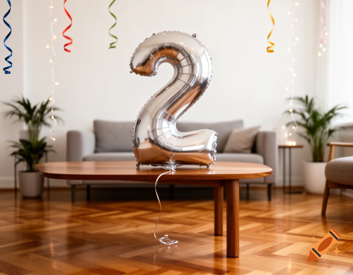 A large silver number 2 balloon on a wooden coffee table in a festive living room with streamers and fairy lights.