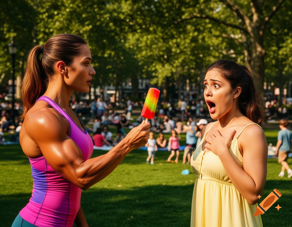 A muscular woman holds a colorful popsicle out to a surprised woman in a park.