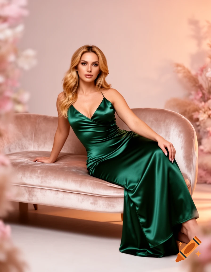A woman in a flowing emerald green satin dress sits elegantly on a pink velvet couch with blurred floral decor.