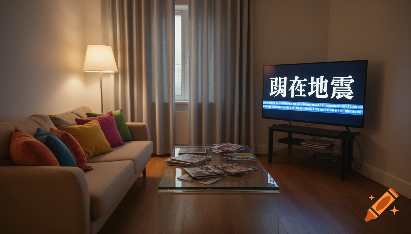 A warmly lit living room with a beige sofa, colorful cushions, a glass coffee table, and a TV displaying Japanese text.
