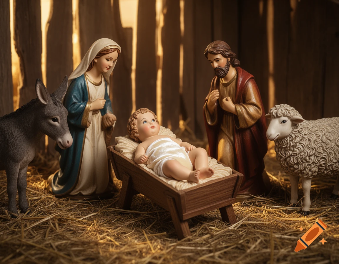 Realistic figurines of a nativity scene featuring Mary, Joseph, and Baby Jesus in a manger, with a donkey and sheep.