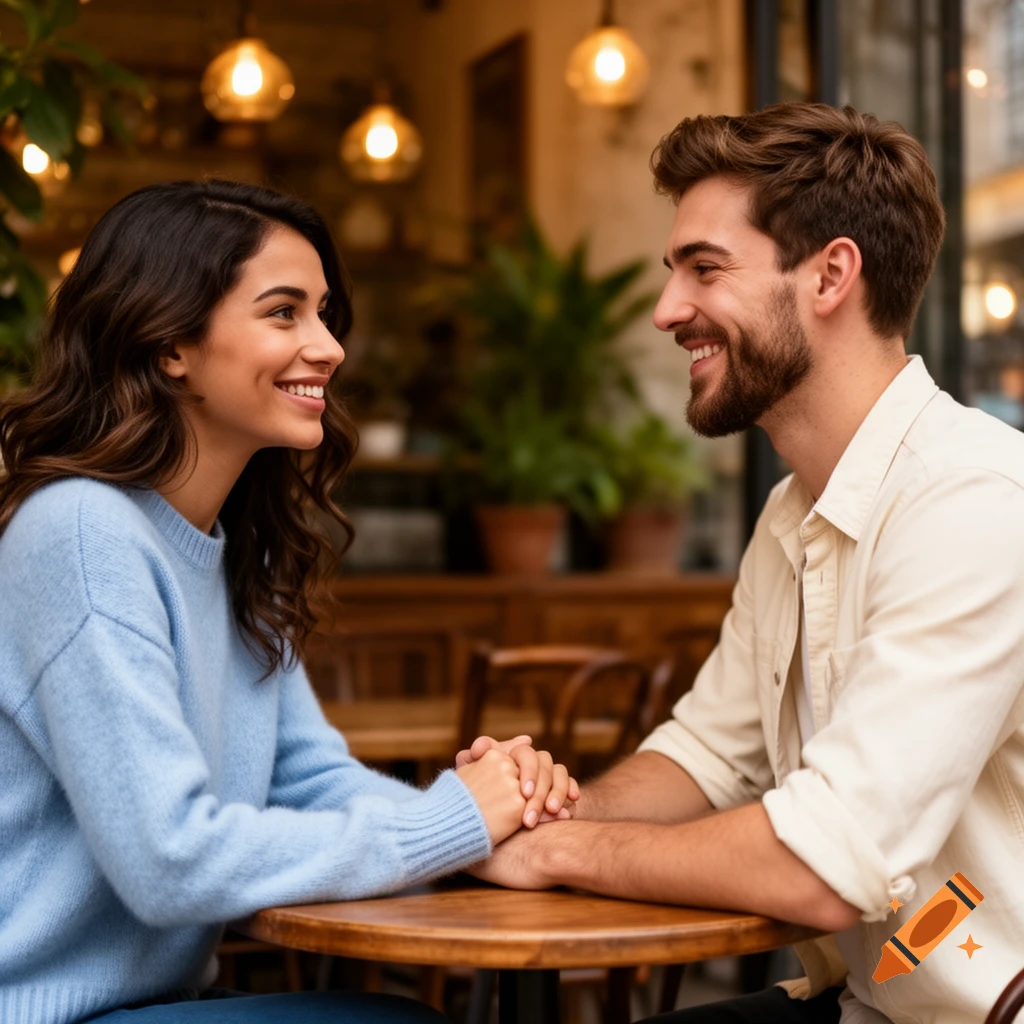 A smiling man and woman hold hands at a wooden table in a cafe, looking at each other. Photorealistic.