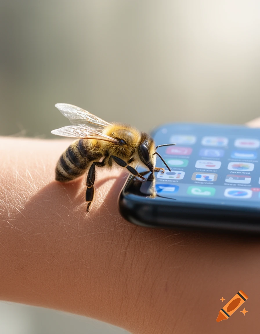 A close-up shot of a bee with its mouthparts touching the screen of a smartphone, which rests on a person's arm.
