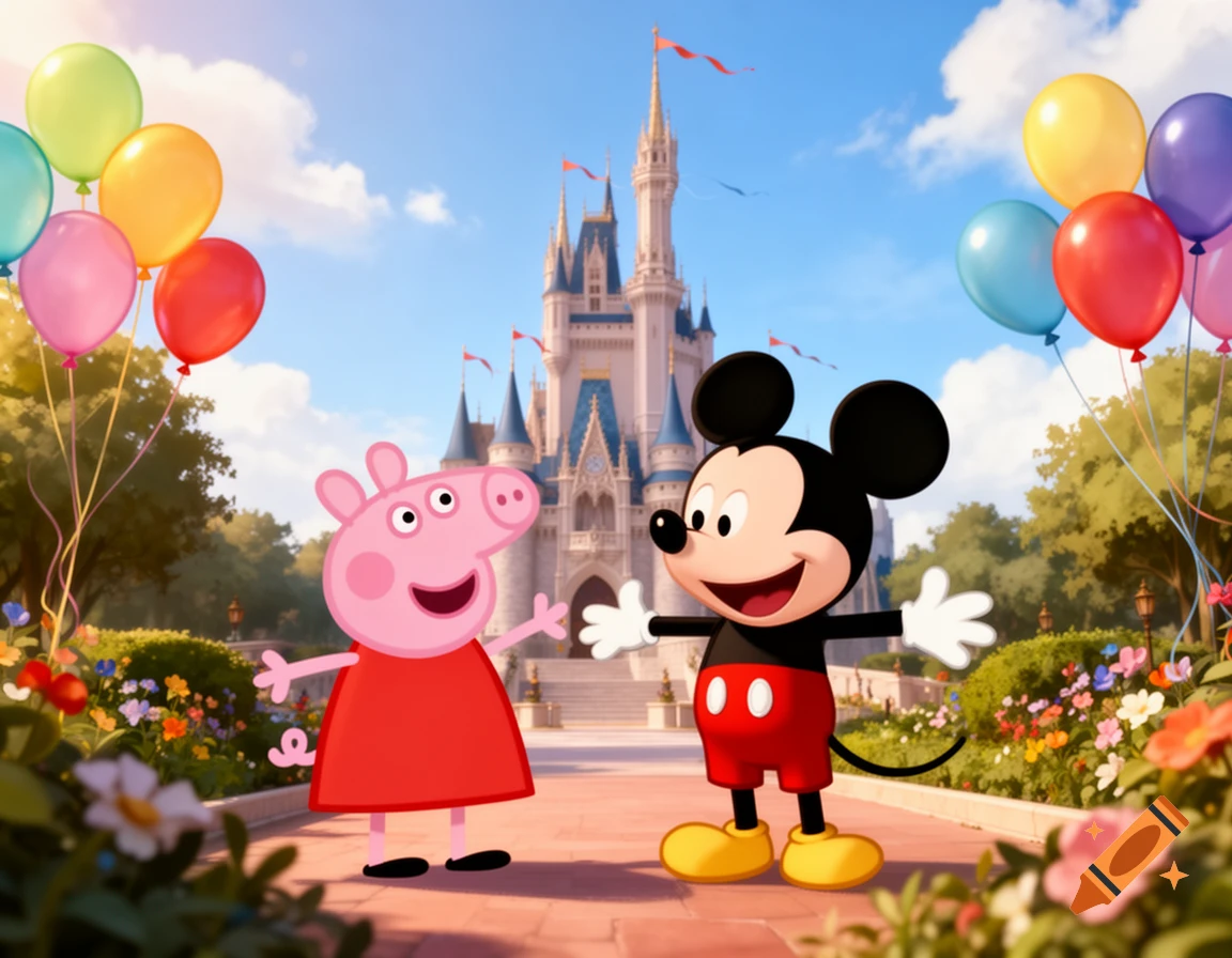 Peppa Pig and Mickey Mouse meet in front of a Disney castle with balloons and flowers.