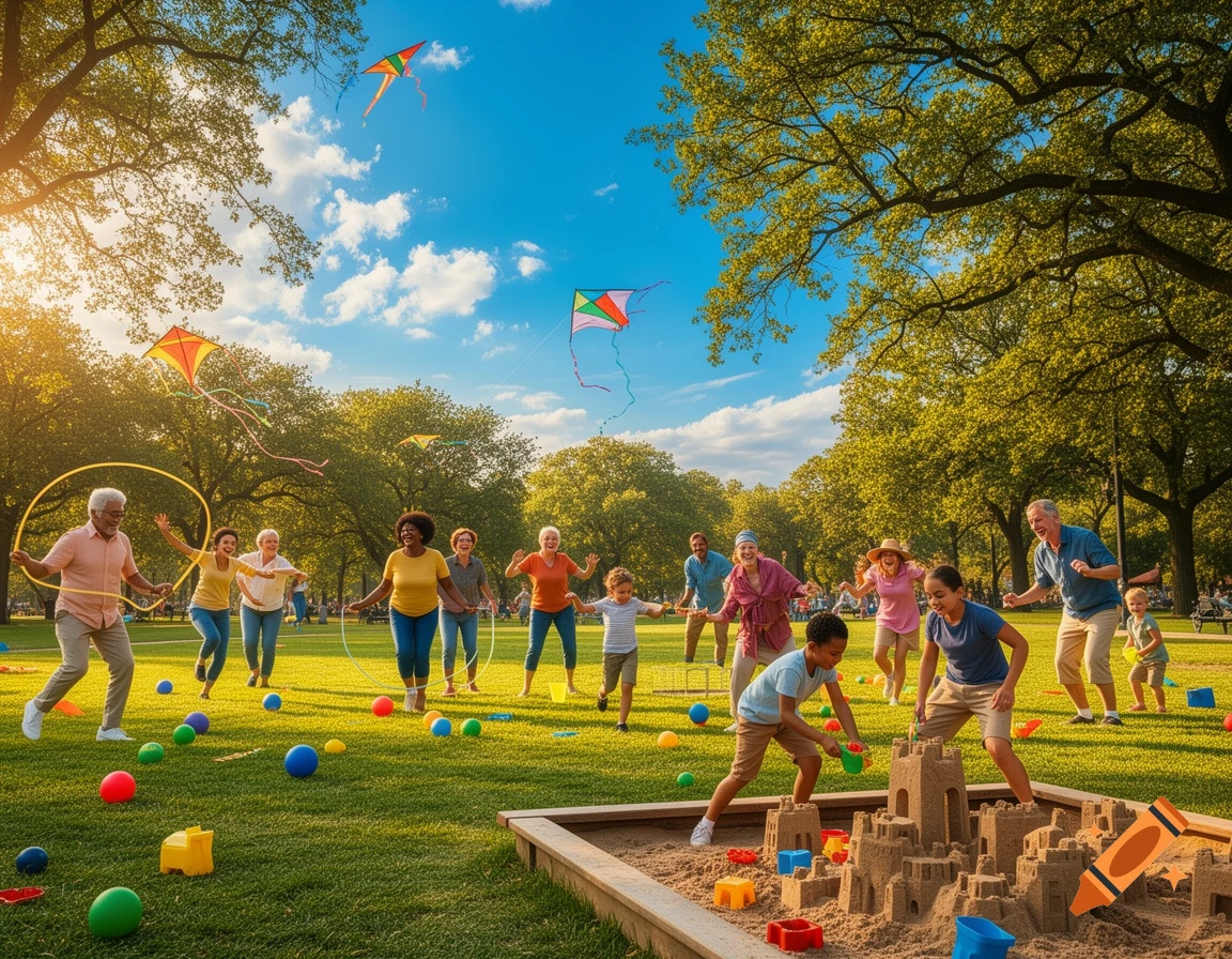 Diverse group of adults and children flying kites, hula-hooping, and building sandcastles in a sunny park.