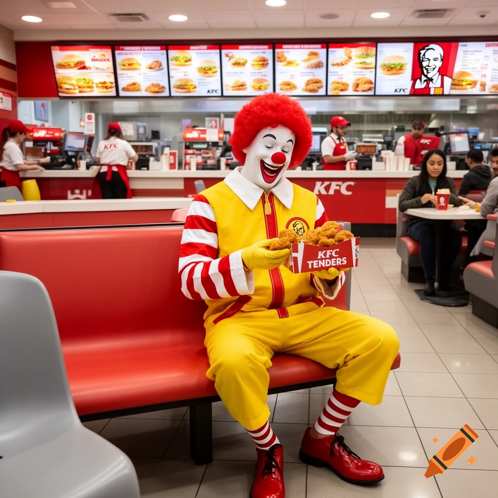 Ronald McDonald sits smiling in a KFC restaurant, holding a box of KFC chicken tenders. Photorealistic style.