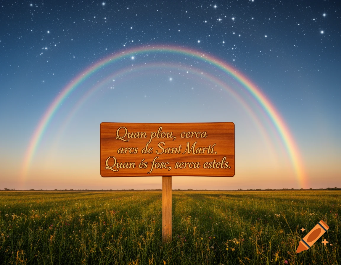 Photorealistic landscape with a double rainbow over a green field at sunset, a wooden sign with Catalan text.