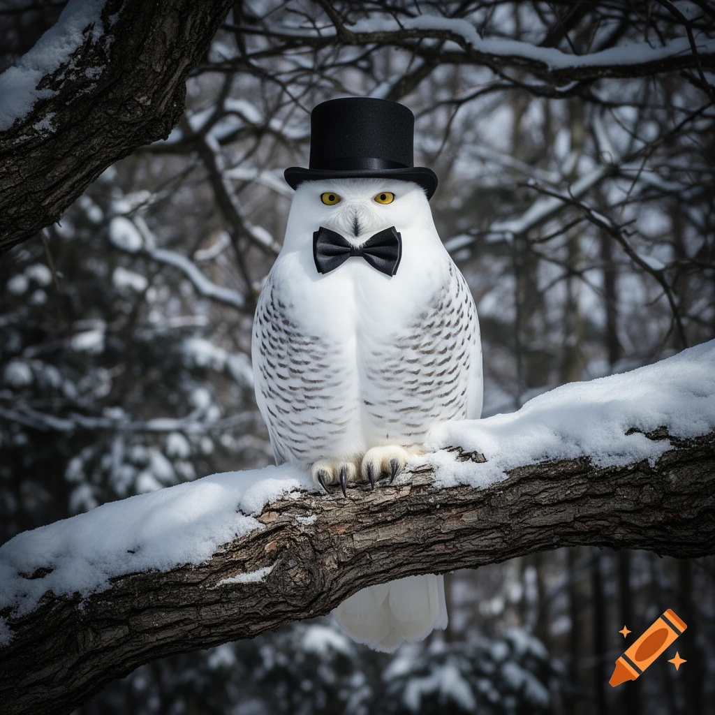 A photorealistic snowy owl wearing a black top hat and bow tie sits on a snow-covered tree branch in a winter forest.