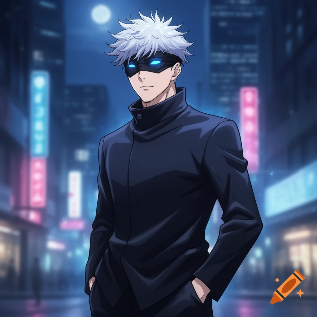 Anime character Satoru Gojo with white hair, black blindfold with glowing blue eyes, and a black jacket, standing in a neon-lit city at night.