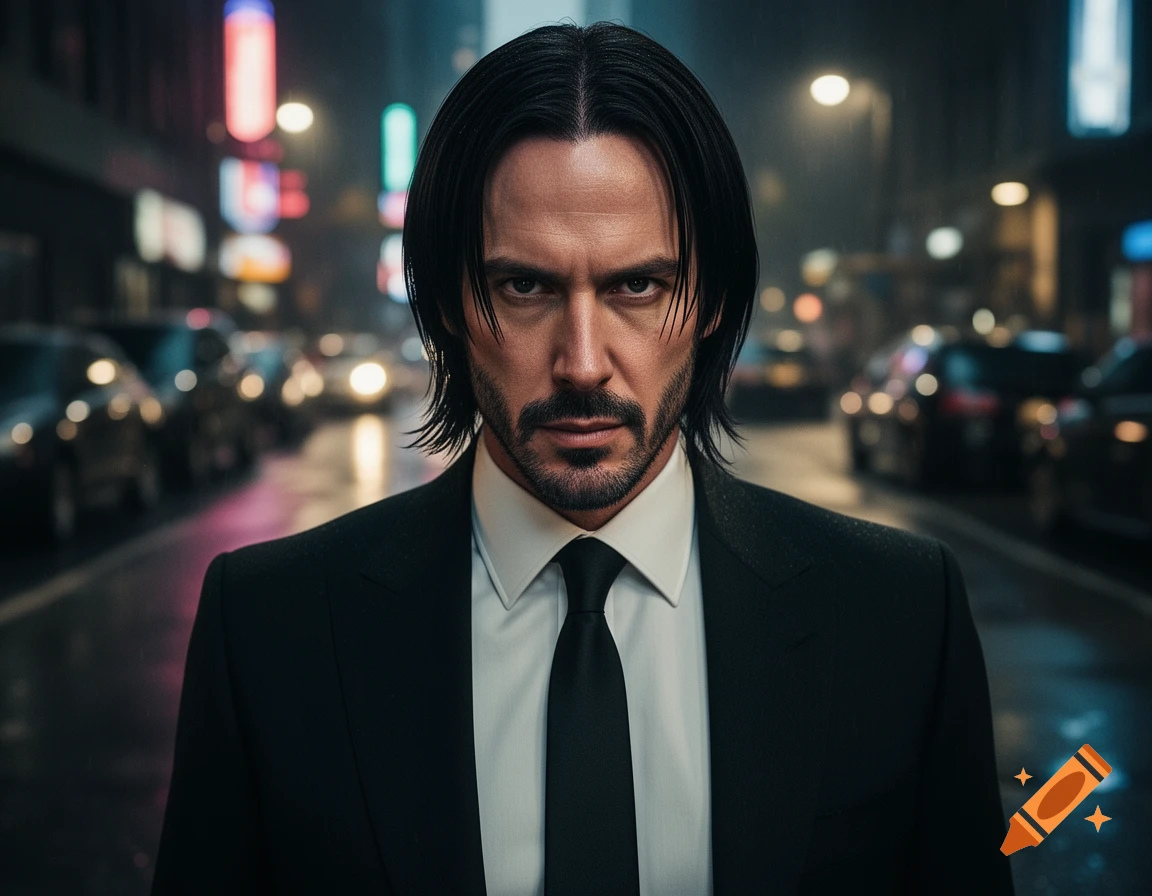Photorealistic portrait of Keanu Reeves as John Wick, in a black suit and tie, against a blurred, rainy city street at night.