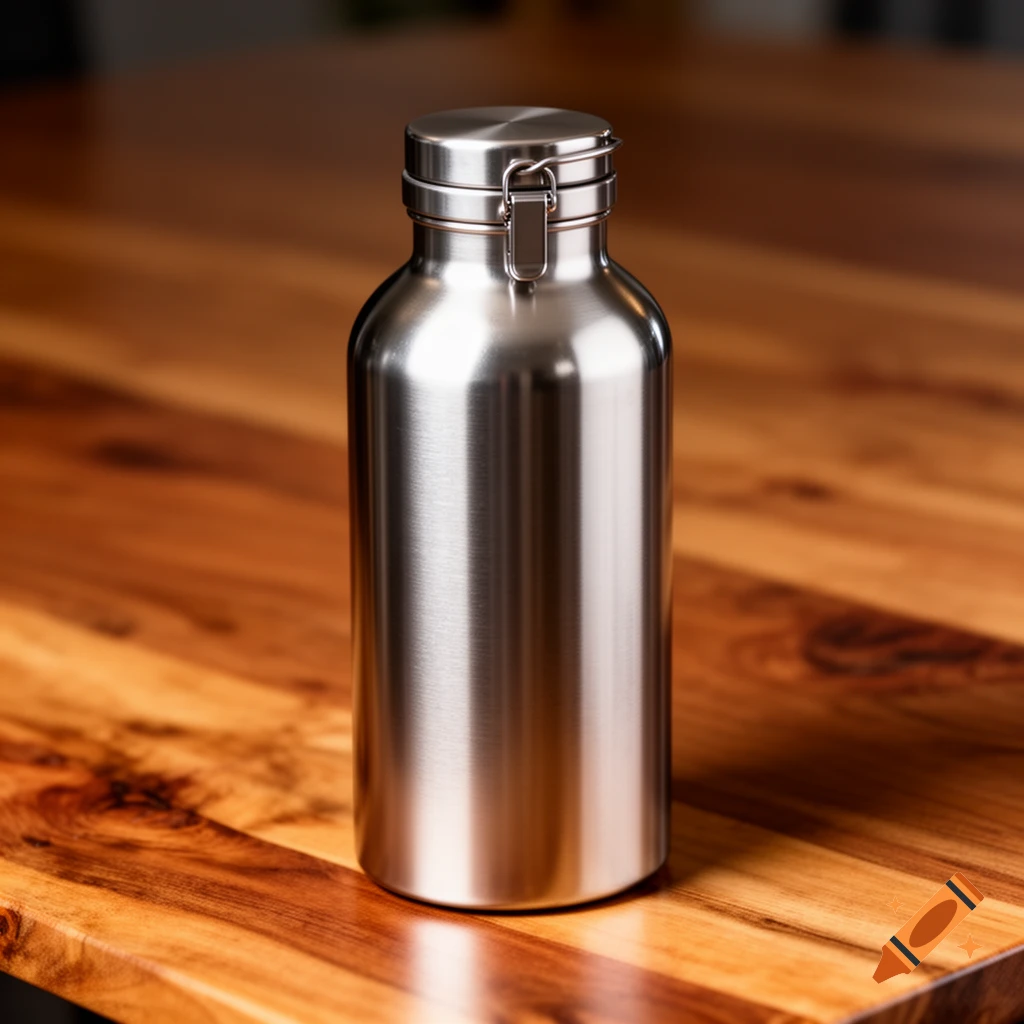 A shiny stainless steel water bottle stands on a polished wooden table.