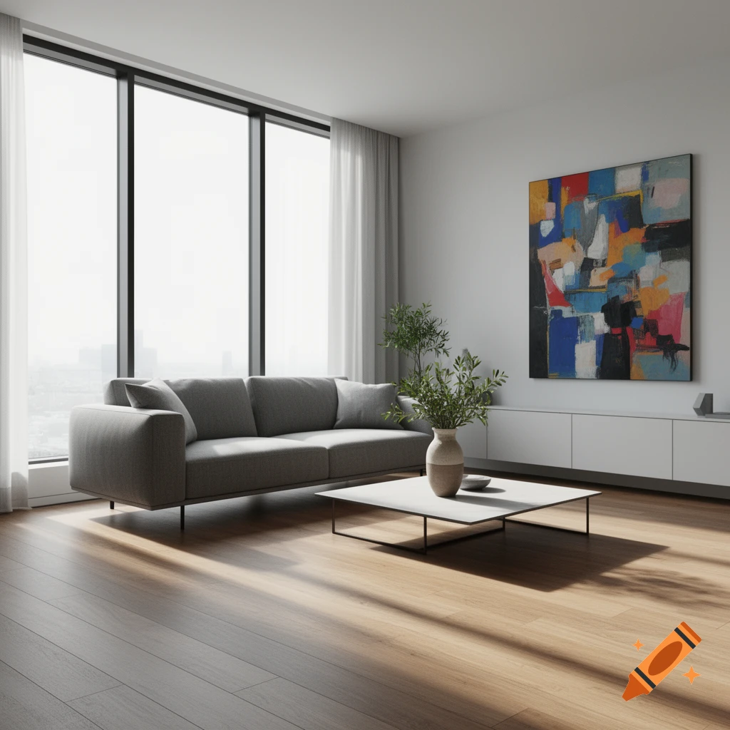 Modern living room with a grey sofa, white coffee table, potted plant, and a large abstract painting. Sunlight streams through a tall window.