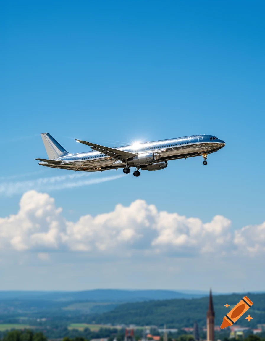 A metallic, chrome-plated airplane ascends into a clear blue sky with white clouds, above a blurred green landscape.
