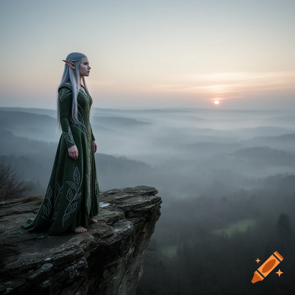 An elf with long white hair and pointed ears stands on a rocky cliff, looking out over a misty valley at sunrise.