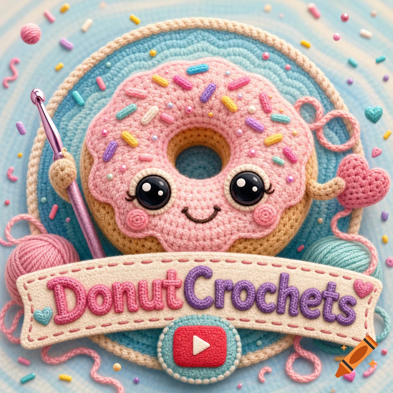 Cute pastel crochet donut with sprinkles, a hook, and yarn. A banner reads 'DonutCrochets' next to a YouTube logo.
