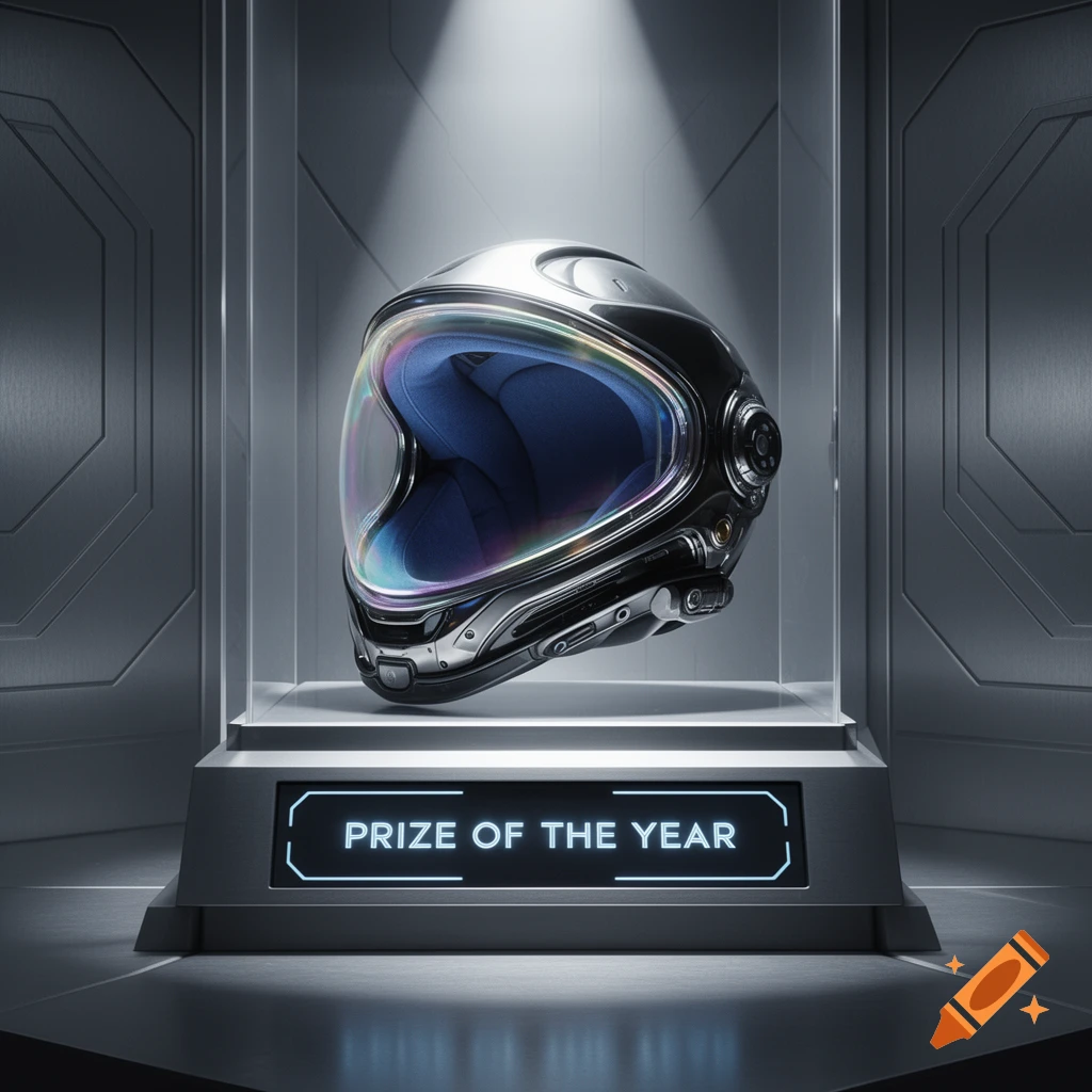 A futuristic silver space helmet with a rainbow visor is displayed in a glass case. The base reads "PRIZE OF THE YEAR" with glowing blue text.
