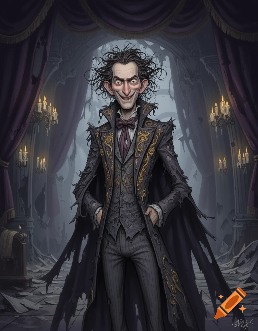 A sinister-looking, gaunt man with wild hair and a tattered, ornate suit smiles in a decaying gothic hall.