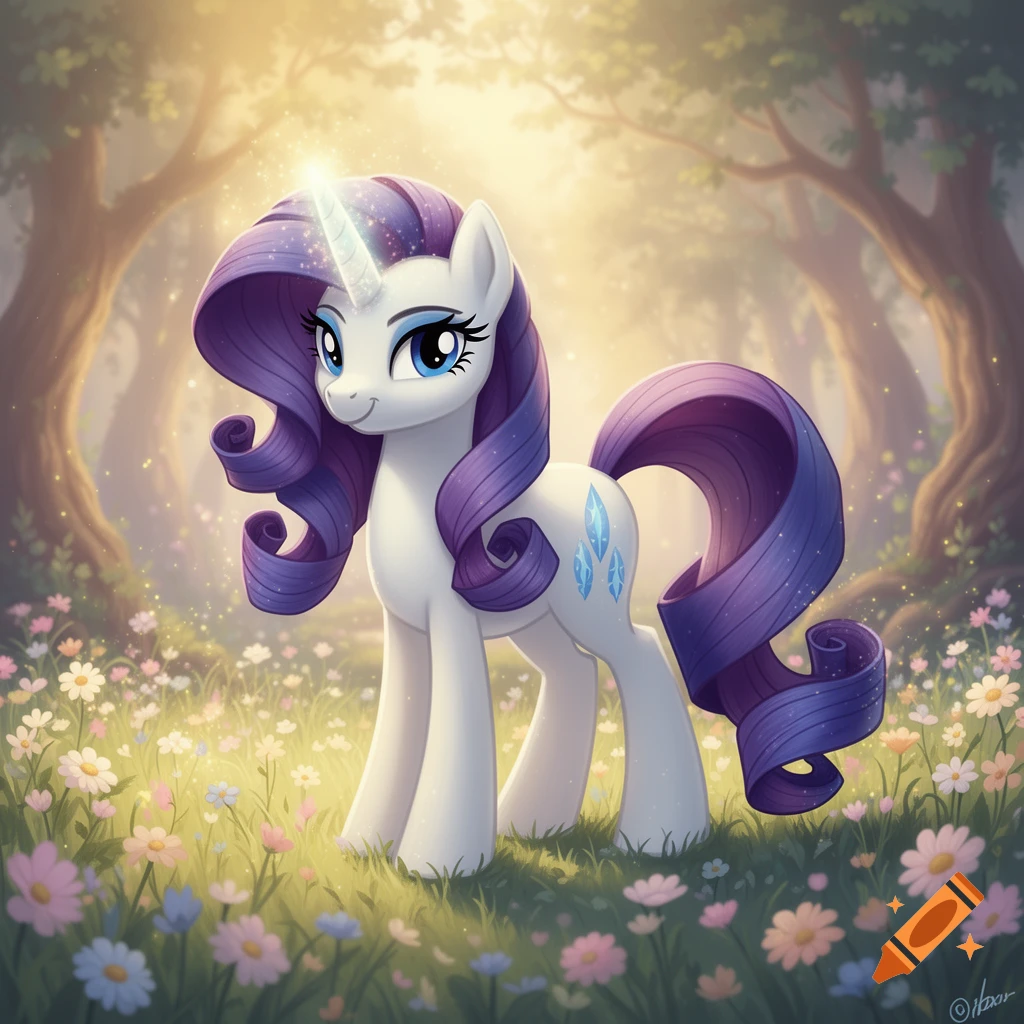 A cartoon white unicorn pony with purple curly mane and tail, Rarity from My Little Pony, stands in a sunlit flower field in a magical forest.
