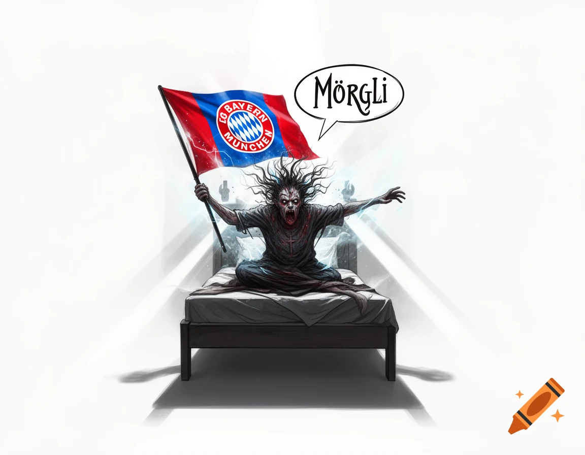 A monstrous figure sits on a bed, holding an FC Bayern München flag, with a speech bubble saying "MÖRGLI".
