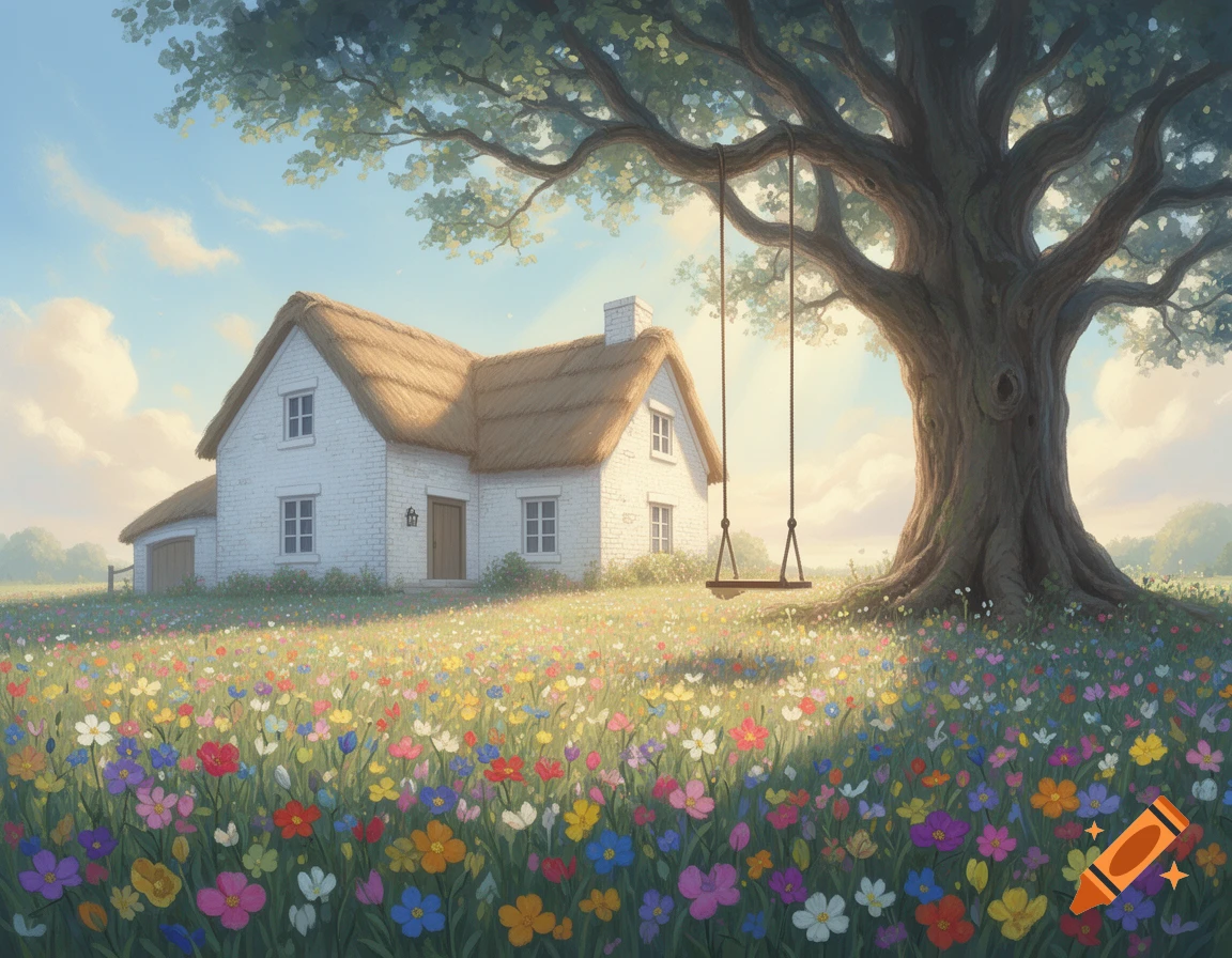 A whimsical white farmhouse with a thatched roof, a large tree with a swing, and a vibrant field of wildflowers under a bright sky, in storybook style.