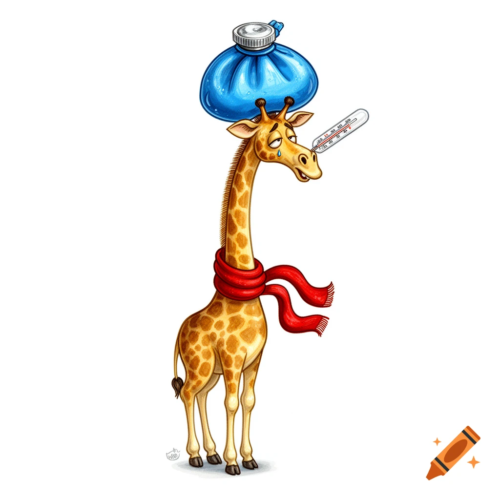 A sick cartoon giraffe wears a blue ice bag on its head, a red scarf around its neck, and has a thermometer in its mouth.