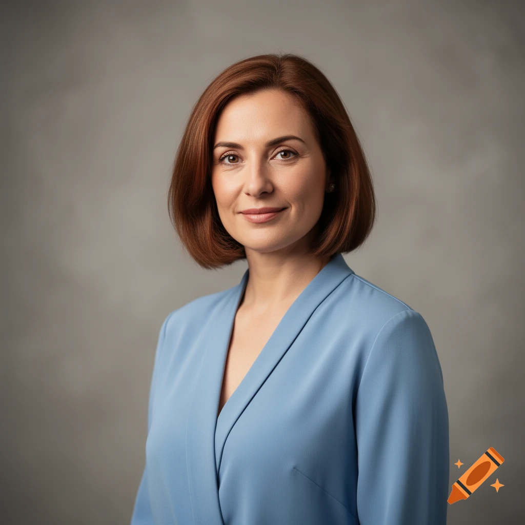 Photorealistic portrait of a smiling woman with reddish-brown hair in a light blue top against a grey background.
