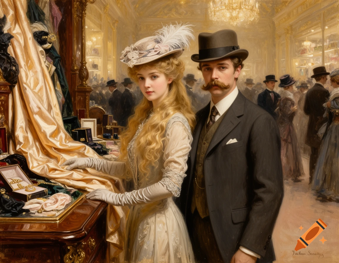 An oil painting of an Edwardian couple in a luxurious department store, the woman reaching for silk, the man in a suit.