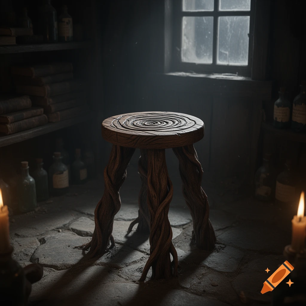 A dark fantasy image of a wooden stool with twisted, root-like legs in a shadowy room with candles and bottles.