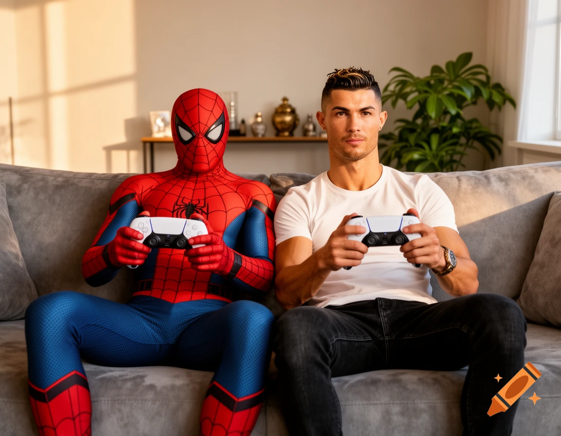 Spiderman and Cristiano Ronaldo sit on a couch, holding PS5 controllers and looking at the viewer in a photorealistic style.